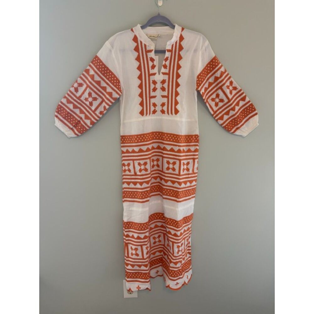 Julia Amory NWT Scalloped Hem Caftan Dress 100% Cotton Embroidered Orange Small